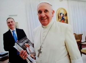Pope Francis and author Roberto Alborghetti during the private encounter in Casa Santa Marta (Vatican City, Rome) for the presentation of the biography. 